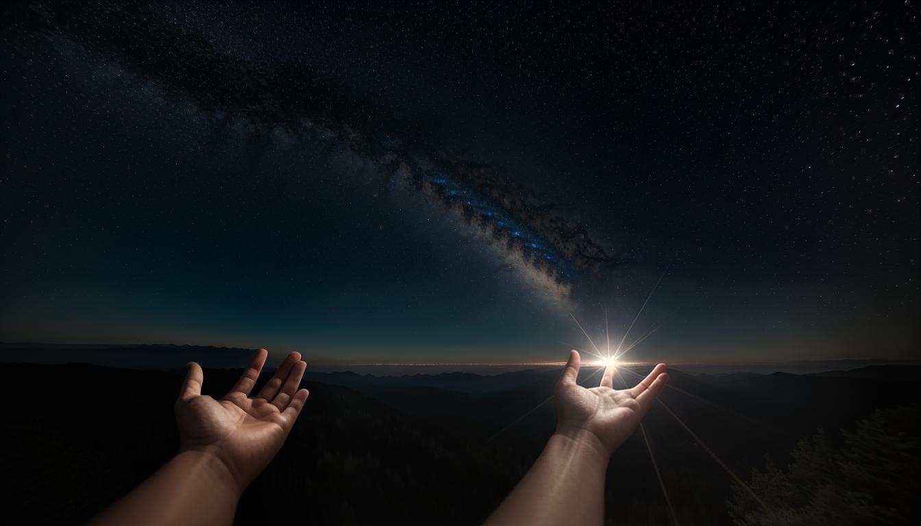  cinematic, aesthetic, Hands gently offering a shining star, symbolizing giving freely of time and energy, outstretched hands, glowing star, luminous offering, generous light, hopeful, 4k, HDR, lens flare