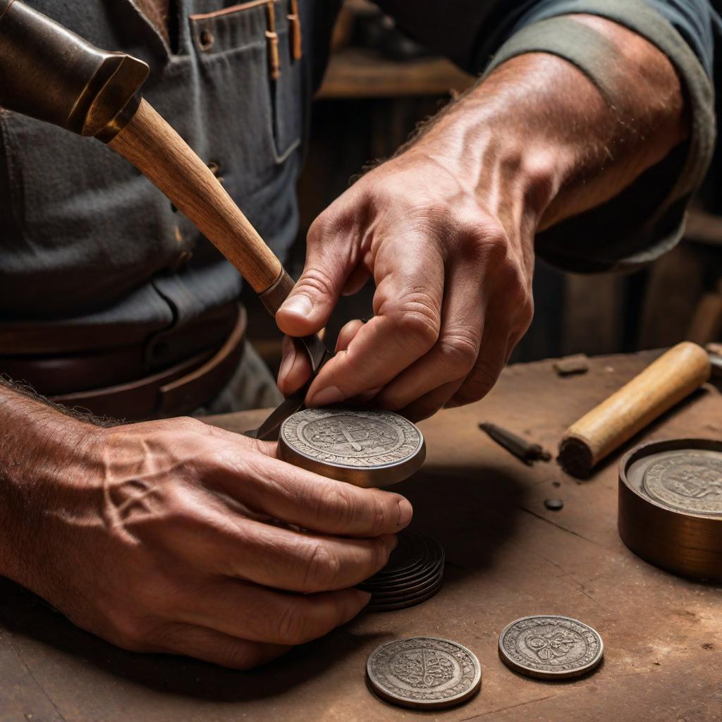  A beautiful coin ring being crafted by a skilled craftsman in a workshop filled with tools and metal. The craftsman is carefully hammering the edges of the coin, shaping it into a perfect circle, with the design of the coin visible. The workshop is illuminated with warm light, creating a cozy and artistic atmosphere. hyperrealistic, full body, detailed clothing, highly detailed, cinematic lighting, stunningly beautiful, intricate, sharp focus, f/1. 8, 85mm, (centered image composition), (professionally color graded), ((bright soft diffused light)), volumetric fog, trending on instagram, trending on tumblr, HDR 4K, 8K