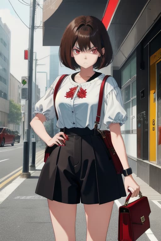  Beautiful girl, brown hair, short hair, red eyes, angry, limb restraint, restrained, hot pants, standing up, both hands, handbags