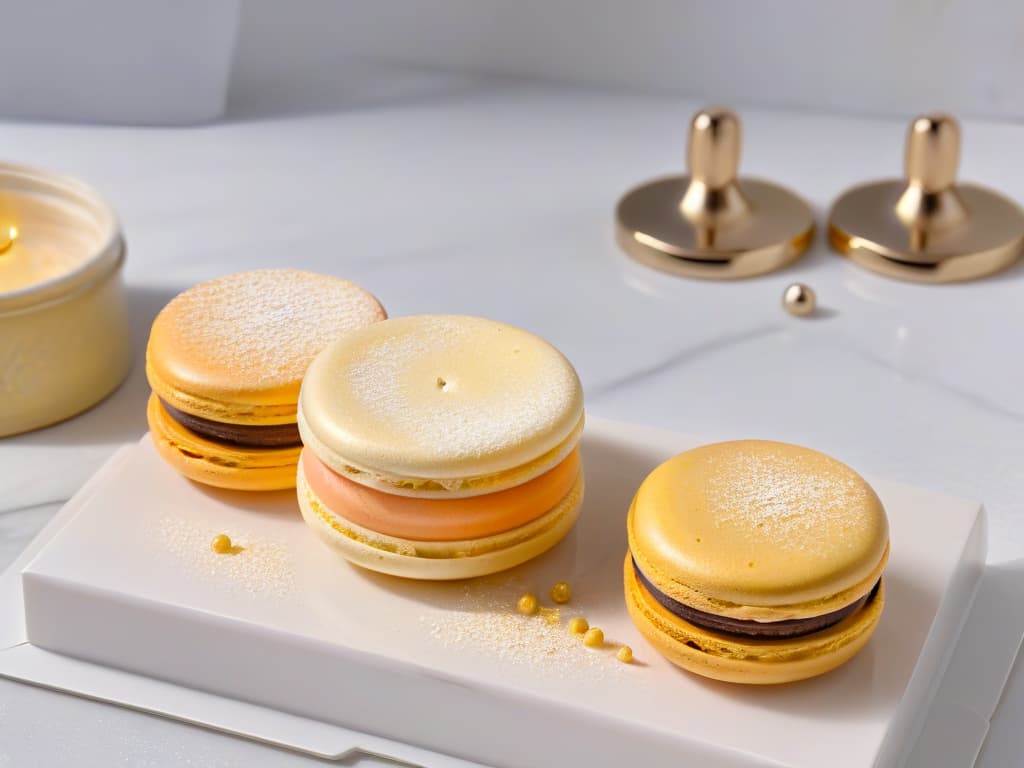  An ultradetailed closeup image of a perfectly smooth, glossy macaron shell with delicate feet, dusted with a shimmer of edible gold powder, resting on a marble countertop. The natural light illuminates the intricate texture and vibrant color of the macaron, showcasing its precise structure and elegant presentation. hyperrealistic, full body, detailed clothing, highly detailed, cinematic lighting, stunningly beautiful, intricate, sharp focus, f/1. 8, 85mm, (centered image composition), (professionally color graded), ((bright soft diffused light)), volumetric fog, trending on instagram, trending on tumblr, HDR 4K, 8K