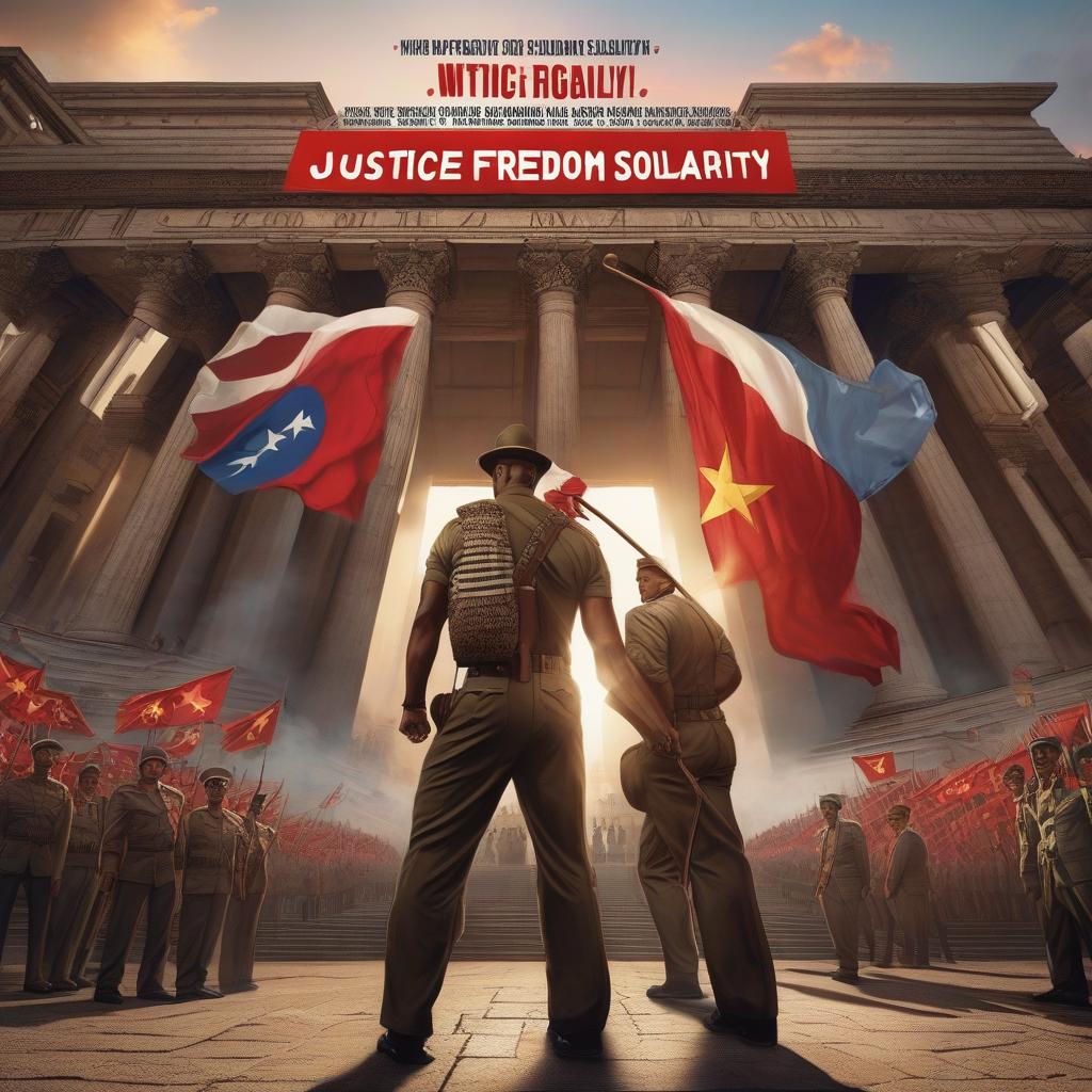  Draw a poster with the words "Justice, Freedom, Solidarity!". The poster should resemble posters from the communism socialism era. hyperrealistic, full body, detailed clothing, highly detailed, cinematic lighting, stunningly beautiful, intricate, sharp focus, f/1. 8, 85mm, (centered image composition), (professionally color graded), ((bright soft diffused light)), volumetric fog, trending on instagram, trending on tumblr, HDR 4K, 8K