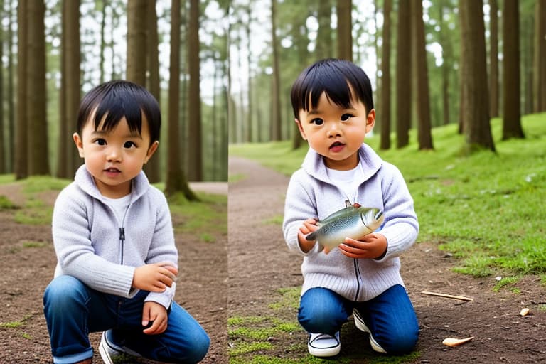  small chinese boy with a fish he caught hyperrealistic, full body, detailed clothing, highly detailed, cinematic lighting, stunningly beautiful, intricate, sharp focus, f/1. 8, 85mm, (centered image composition), (professionally color graded), ((bright soft diffused light)), volumetric fog, trending on instagram, trending on tumblr, HDR 4K, 8K