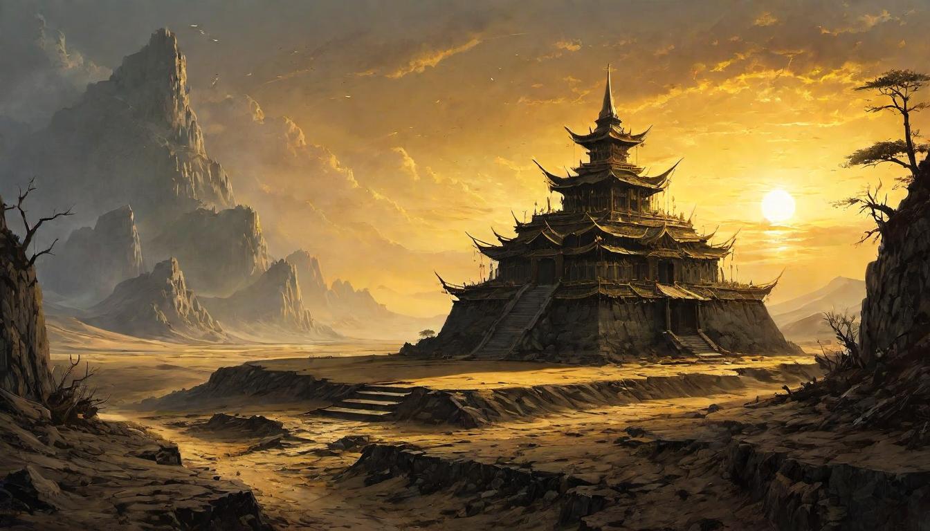  （surrealism)Ancient battlefield, remnants of scattered armaments, golden light from a distant horizon, barren yet hopeful, resilient terrain mystic, intricate details, best quality)