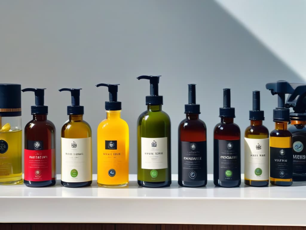  An image of a sleek, modern kitchen countertop adorned with a variety of vibrant bottles filled with highquality fair trade oils, such as olive, coconut, and avocado oil. The sunlight streaming through a nearby window casts a warm glow on the bottles, emphasizing their premium quality. The minimalist design highlights the elegance and sophistication of using fair trade oils in transforming one's culinary experience. hyperrealistic, full body, detailed clothing, highly detailed, cinematic lighting, stunningly beautiful, intricate, sharp focus, f/1. 8, 85mm, (centered image composition), (professionally color graded), ((bright soft diffused light)), volumetric fog, trending on instagram, trending on tumblr, HDR 4K, 8K