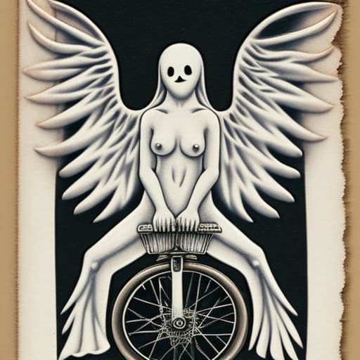  A naked ghost with wings riding a unicycle