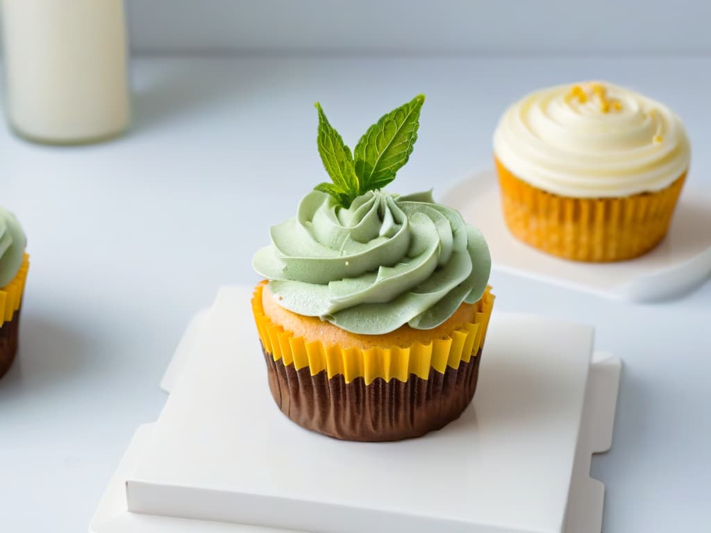  An ultradetailed image of a delicate, intricately decorated cupcake topped with a single stevia leaf, showcasing the artistry and precision of using stevia in baking. The cupcake is set against a clean, white background to highlight the minimalistic style, with soft lighting that enhances the textures and details of the dessert. hyperrealistic, full body, detailed clothing, highly detailed, cinematic lighting, stunningly beautiful, intricate, sharp focus, f/1. 8, 85mm, (centered image composition), (professionally color graded), ((bright soft diffused light)), volumetric fog, trending on instagram, trending on tumblr, HDR 4K, 8K