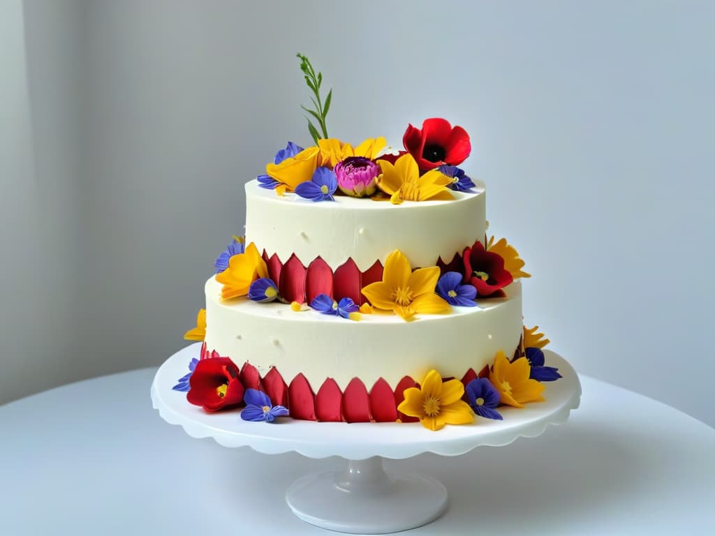  A closeup, ultradetailed image of a beautifully decorated modern cake with intricate piping designs, vibrant edible flowers, and delicate sugar art, showcasing the artistry and skill involved in contemporary pastry making. The cake is displayed on a sleek, minimalist cake stand against a soft, blurred background to emphasize the meticulous details of the dessert. The colors are rich and inviting, and the lighting highlights the textures and craftsmanship of the edible decorations. hyperrealistic, full body, detailed clothing, highly detailed, cinematic lighting, stunningly beautiful, intricate, sharp focus, f/1. 8, 85mm, (centered image composition), (professionally color graded), ((bright soft diffused light)), volumetric fog, trending on instagram, trending on tumblr, HDR 4K, 8K