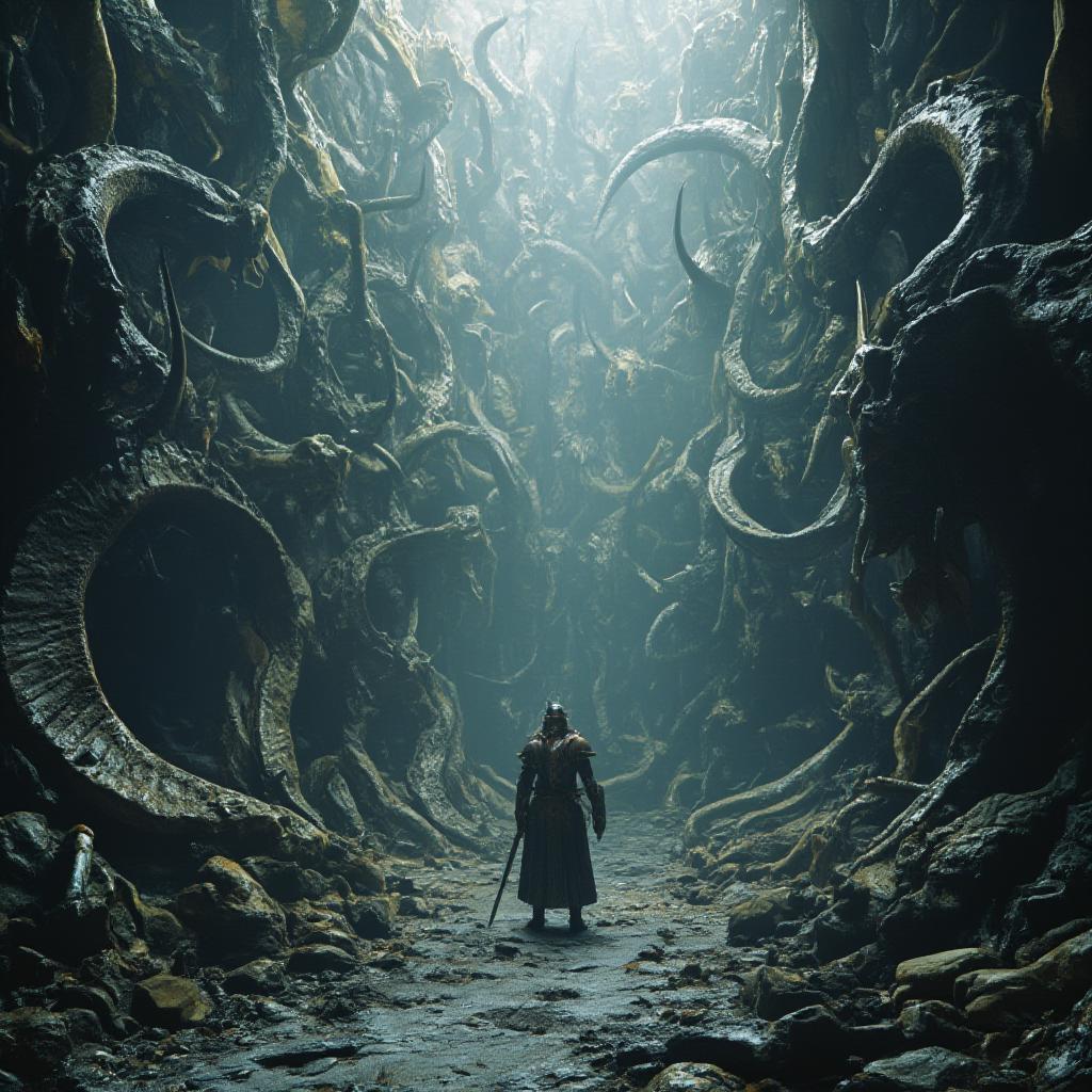  a sprawling, labyrinthine maze constructed from monstrous, twisted bones, filled with minotaur like creatures, their horns gleaming with an eerie light. a lone, heroic figure, clad in shining armor, stands at the entrance, armed with a sword and shield, ready to face the challenge within. unreal engine style, highly detailed, cinematic lighting, dramatic composition hyperrealistic, full body, detailed clothing, highly detailed, cinematic lighting, stunningly beautiful, intricate, sharp focus, f/1. 8, 85mm, (centered image composition), (professionally color graded), ((bright soft diffused light)), volumetric fog, trending on instagram, trending on tumblr, HDR 4K, 8K