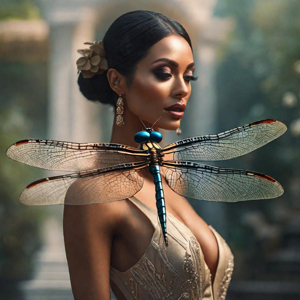  Monica Beluchi in the form of a dragonfly hyperrealistic, full body, detailed clothing, highly detailed, cinematic lighting, stunningly beautiful, intricate, sharp focus, f/1. 8, 85mm, (centered image composition), (professionally color graded), ((bright soft diffused light)), volumetric fog, trending on instagram, trending on tumblr, HDR 4K, 8K