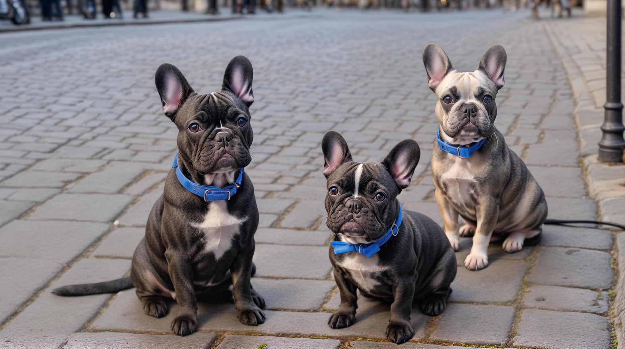  Create a realistic image of a French Bulldog in an urban setting. The dog is a compact adult with a smooth, brindle coat and the distinctive bat like ears characteristic of the breed. It is sitting confidently on a cobblestone street in a quaint city neighborhood, with small cafes and boutiques lining the sidewalks. Nearby, a classic street lamp casts a soft light, enhancing the twilight ambiance. The French Bulldog is wearing a stylish, bright blue collar, looking up with an alert and curious expression, embodying the charming and adaptable nature of the breed.