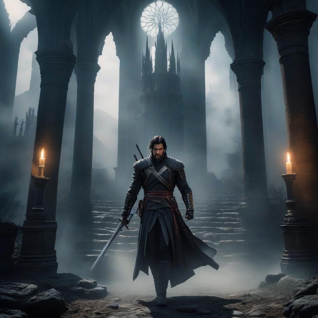  A young prince is pursued by assassins. The only place of refuge is a dark tower surrounded by mists. Inside the tower, there is only one black sword, chained. With assassins surrounding him, he has no choice but to place his hands on the hilt of the ancient blade. hyperrealistic, full body, detailed clothing, highly detailed, cinematic lighting, stunningly beautiful, intricate, sharp focus, f/1. 8, 85mm, (centered image composition), (professionally color graded), ((bright soft diffused light)), volumetric fog, trending on instagram, trending on tumblr, HDR 4K, 8K