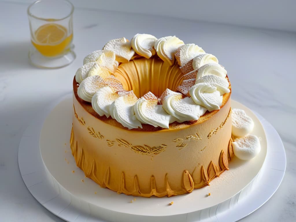  A closeup, ultradetailed image of a perfectly baked Angel Food Cake resting on a pristine white marble countertop. The cake is flawlessly golden brown on the outside, with a delicate, airy texture visible through its perfectly even crumb structure. A soft, natural light illuminates the cake, highlighting its subtle ridges and peaks, creating a visually striking contrast against the smooth surface of the marble. The simplicity of the composition enhances the elegant and professional vibe, making it an inspiring visual representation of achieving the ideal Angel Food Cake. hyperrealistic, full body, detailed clothing, highly detailed, cinematic lighting, stunningly beautiful, intricate, sharp focus, f/1. 8, 85mm, (centered image composition), (professionally color graded), ((bright soft diffused light)), volumetric fog, trending on instagram, trending on tumblr, HDR 4K, 8K