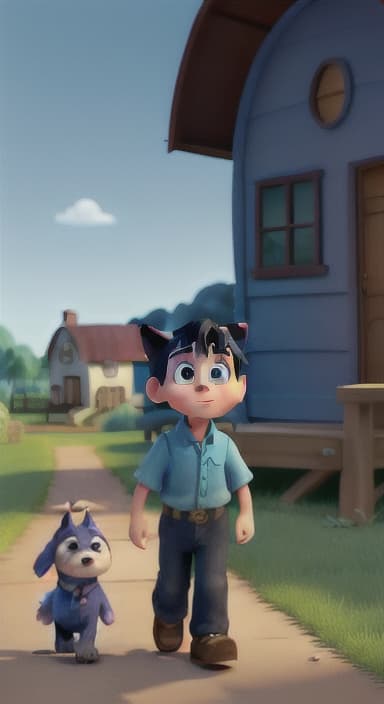  {Max walking back towards the cozy little house with droopy eyes, as twilight falls, The big blue dog is large with sky blue fur, big round eyes, a black nose, and floppy ears.