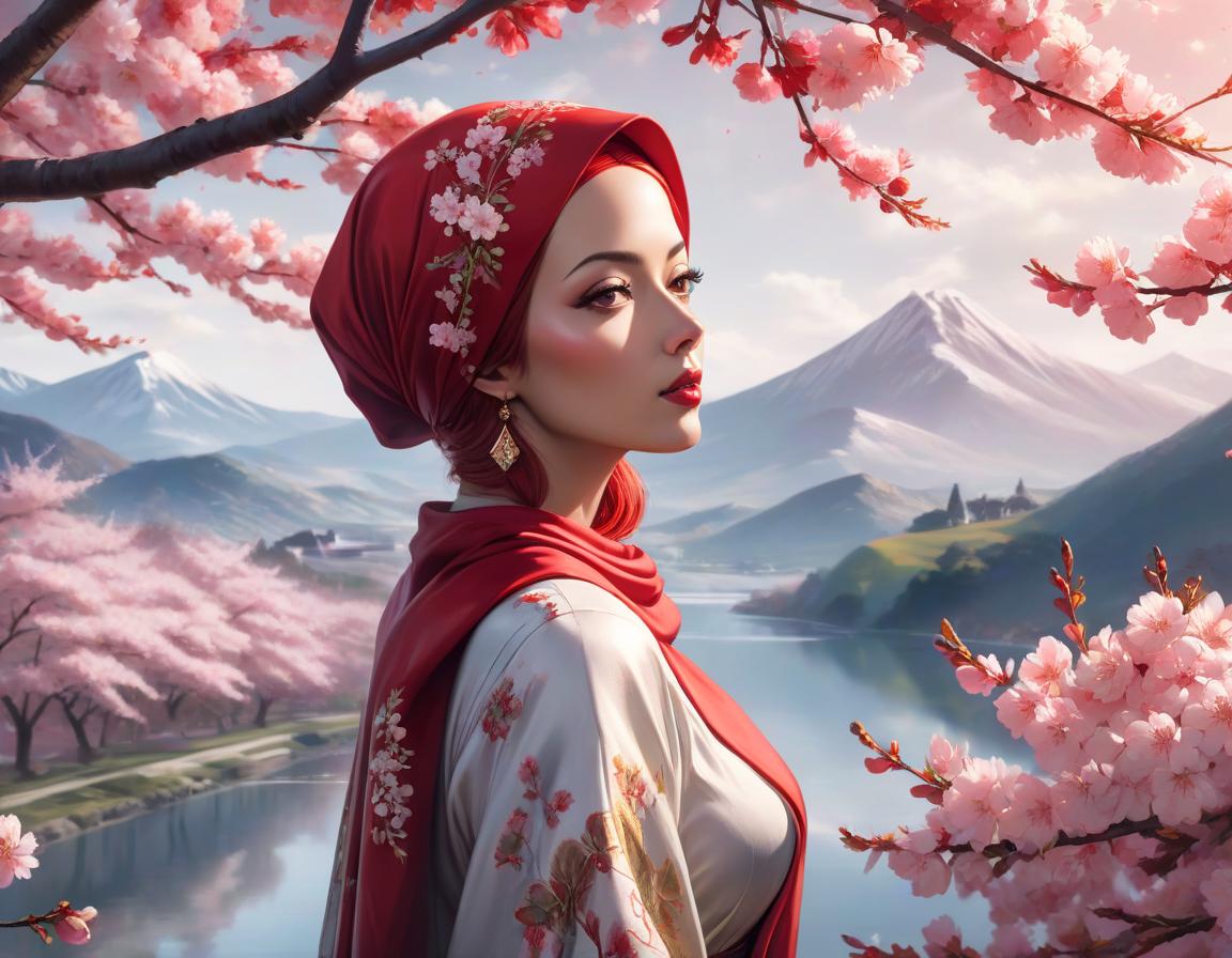  surrealist art A digital art portrait of a woman with a red headscarf, cherry blossoms in her hair, and serene landscape in the background. . dreamlike, mysterious, provocative, symbolic, intricate, detailed hyperrealistic, full body, detailed clothing, highly detailed, cinematic lighting, stunningly beautiful, intricate, sharp focus, f/1. 8, 85mm, (centered image composition), (professionally color graded), ((bright soft diffused light)), volumetric fog, trending on instagram, trending on tumblr, HDR 4K, 8K