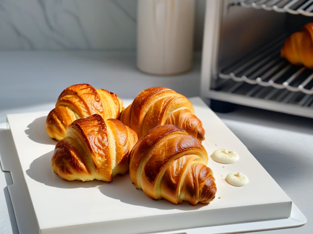  An ultradetailed 8k image of a sleek, minimalist stainless steel cooling rack filled with freshly baked golden croissants, emitting steam and a delicate aroma, set against a softfocus background of a modern, sunlit kitchen with marble countertops and a hint of greenery peeking in from a window. hyperrealistic, full body, detailed clothing, highly detailed, cinematic lighting, stunningly beautiful, intricate, sharp focus, f/1. 8, 85mm, (centered image composition), (professionally color graded), ((bright soft diffused light)), volumetric fog, trending on instagram, trending on tumblr, HDR 4K, 8K