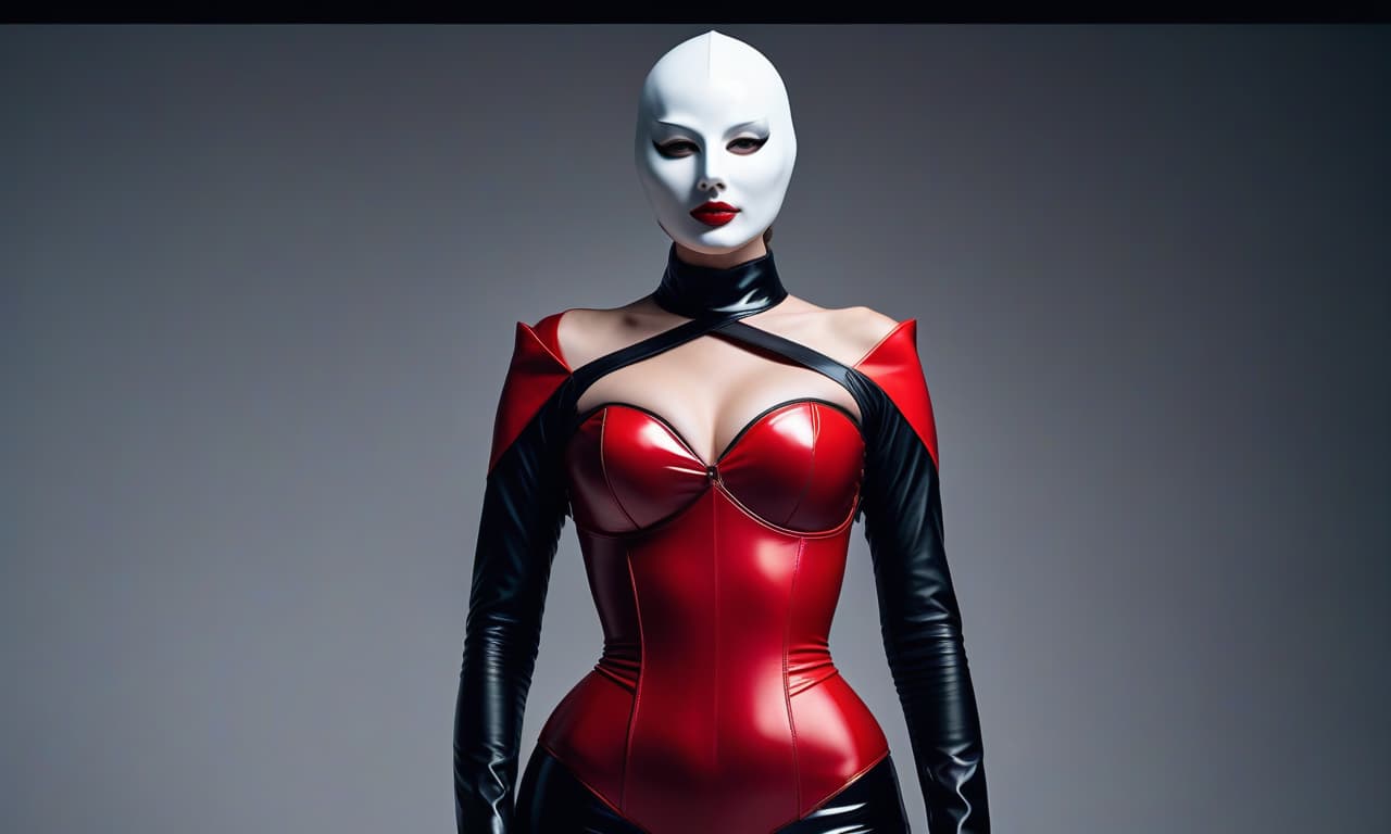  cinematic film still 4K, Strict nun, full grown, pale skin, brightly colored eyes, plump lips, in a shiny red latex outfit tightly hugging her body. On her head, a tightly fitting white mask covering the entire head and face. The mask tightly fits the entire face. On her arms, white gloves. On her legs, white boots with a high heel, a red corset, (dark frame: 1.17), epic realistic, gray, (neutral colors), artistic, (hdr: 1.5), (muted colors: 1.2), with enhanced details, (artstation: 1.5), cinematic, warm light, dramatic light, (complex details: 1.1), complex background, (Rutkovsky: 0.8), (blue and orange: 0.4), Details, (complex details), hdr, (complex details, super detailed) /r/o/p/e/n/d/e/r/dance/ . shallow depth of field, vignette, hig hyperrealistic, full body, detailed clothing, highly detailed, cinematic lighting, stunningly beautiful, intricate, sharp focus, f/1. 8, 85mm, (centered image composition), (professionally color graded), ((bright soft diffused light)), volumetric fog, trending on instagram, trending on tumblr, HDR 4K, 8K