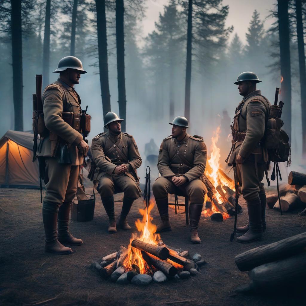  A group of tall soldiers are sitting by the campfire. hyperrealistic, full body, detailed clothing, highly detailed, cinematic lighting, stunningly beautiful, intricate, sharp focus, f/1. 8, 85mm, (centered image composition), (professionally color graded), ((bright soft diffused light)), volumetric fog, trending on instagram, trending on tumblr, HDR 4K, 8K