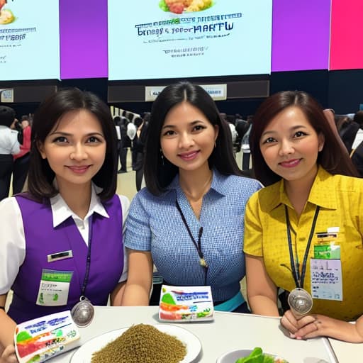  Three female saleswomen, attending IMPACT Food Show in Bangkok, Thailand, promoting transparent PET drinks ，