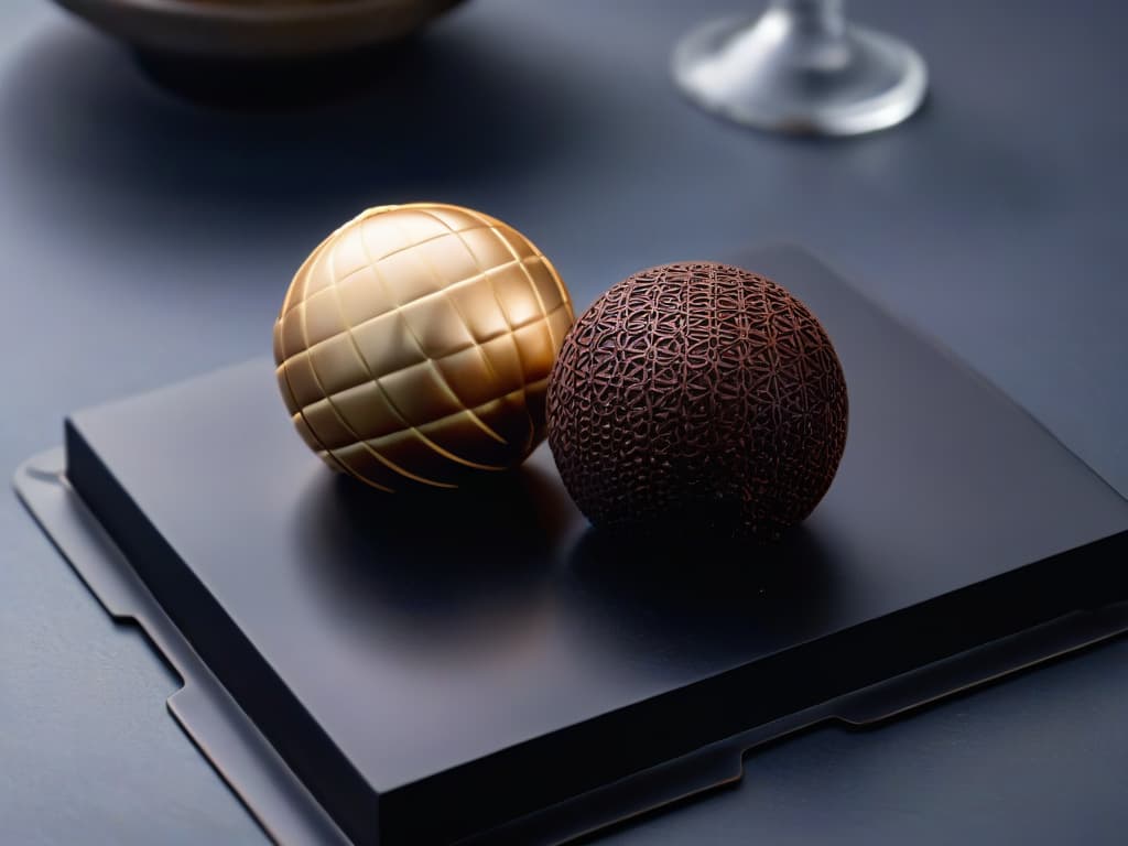  A closeup, ultradetailed photograph of a perfectly sculpted, glossy chocolate bonbon with intricate geometric patterns on its surface, resting on a sleek, matte black plate. The lighting is soft and highlights every minute detail of the bonbon, showcasing its luxurious sheen and precise craftsmanship. The background is a subtle gradient that fades from deep charcoal to rich chocolate brown, creating a sophisticated and elegant atmosphere. hyperrealistic, full body, detailed clothing, highly detailed, cinematic lighting, stunningly beautiful, intricate, sharp focus, f/1. 8, 85mm, (centered image composition), (professionally color graded), ((bright soft diffused light)), volumetric fog, trending on instagram, trending on tumblr, HDR 4K, 8K