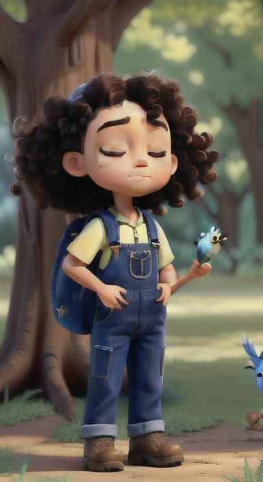  {Riley standing under the tree with eyes closed, making the wish., Riley, a curious with big brown eyes and curly hair, wearing overalls and carrying a small backpack. Their friend, Skye, a bluebird with shiny feathers.