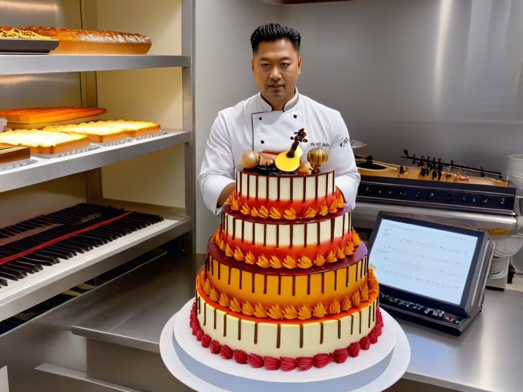  An ultradetailed image of a professional pastry chef meticulously decorating a multilayered cake while surrounded by various musical instruments like violins, pianos, and guitars. The chef is focused and inspired, with a look of concentration and creativity on their face. The scene is captured in a modern kitchen with soft natural lighting, emphasizing the vibrant colors of the intricate desserts being prepared. The background features shelves filled with exotic ingredients and cookware, adding to the ambiance of a highend pastry workshop. hyperrealistic, full body, detailed clothing, highly detailed, cinematic lighting, stunningly beautiful, intricate, sharp focus, f/1. 8, 85mm, (centered image composition), (professionally color graded), ((bright soft diffused light)), volumetric fog, trending on instagram, trending on tumblr, HDR 4K, 8K