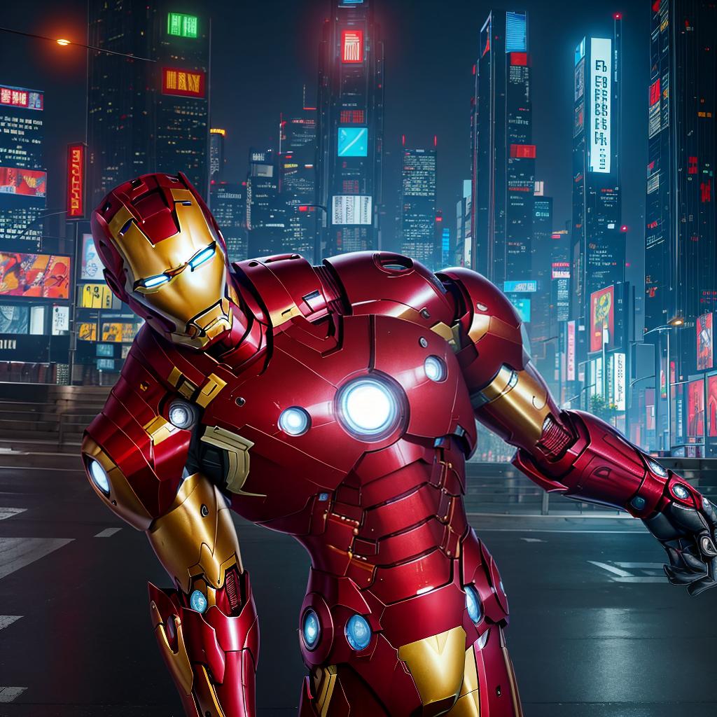  masterpiece, best quality, masterpiece, 8k resolution, realistic, highly detailed, Iron Man close-up. He stands on a street lined with tall buildings in a cyberpunk style city at night. The city's night lights are bright, and the surrounding buildings and streets are full of cyberpunk elements such as neon lights, high-tech equipment and futuristic architectural design.