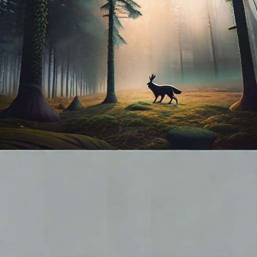  "Generate an image depicting a mysterious forest surrounding a peaceful village, eliciting stories of strange noises in the night and disappearing paths. In the midst of this scene, place a figure representing our curious protagonist, 'Hee', on the edge of the forest showing curiosity and courage. By her side, a group of forest animals like a rabbit, a deer, and a bear should be illustrated, sharing their stories with Hee. Off to the distance, a big but not terrifying wolf should be visible as a forthcoming friend. The overall mood should maintain a sense of adventure and friendship, with an art style that stimulates imagination and suggests a fairy-tale-like feeling."((masterpiece)), best quality, very detailed, high resolution, sharp, sha hyperrealistic, full body, detailed clothing, highly detailed, cinematic lighting, stunningly beautiful, intricate, sharp focus, f/1. 8, 85mm, (centered image composition), (professionally color graded), ((bright soft diffused light)), volumetric fog, trending on instagram, trending on tumblr, HDR 4K, 8K