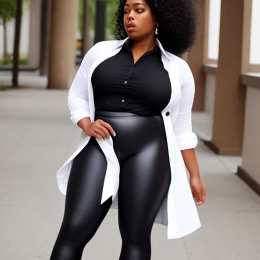  Black woman, big, big, open white button shirt, tight black leggings