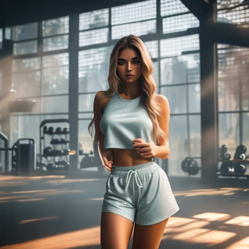  Girl in gym shorts. hyperrealistic, full body, detailed clothing, highly detailed, cinematic lighting, stunningly beautiful, intricate, sharp focus, f/1. 8, 85mm, (centered image composition), (professionally color graded), ((bright soft diffused light)), volumetric fog, trending on instagram, trending on tumblr, HDR 4K, 8K