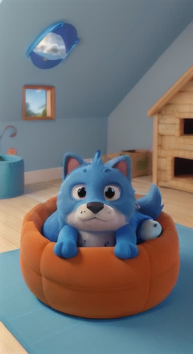  {Max snuggled up in his comfy dog bed inside the house, fast asleep, The big blue dog is large with sky blue fur, big round eyes, a black nose, and floppy ears.