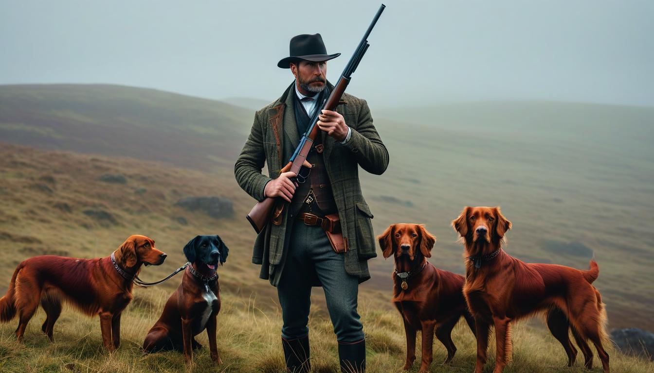  English Hunter in classic plaid clothing.holding a gun. on the moors of Scotland. with several dogs red Irish Setters. evening. fog. .full body.. evening..cinematic.Ultra realistic. 3D . Epic. high detail. perfect lighting. perfect contrast. perfect composition hyperrealistic, full body, detailed clothing, highly detailed, cinematic lighting, stunningly beautiful, intricate, sharp focus, f/1. 8, 85mm, (centered image composition), (professionally color graded), ((bright soft diffused light)), volumetric fog, trending on instagram, trending on tumblr, HDR 4K, 8K