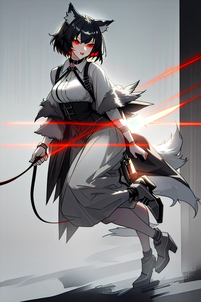  A gray wolf girl ,red eyes ,black hair ,light makeup,a leash attach to her neck collar,short hair ,((fang)) ,((wolf ears )),random1.5,cool , hyperrealistic, full body, detailed clothing, highly detailed, cinematic lighting, stunningly beautiful, intricate, sharp focus, f/1. 8, 85mm, (centered image composition), (professionally color graded), ((bright soft diffused light)), volumetric fog, trending on instagram, trending on tumblr, HDR 4K, 8K