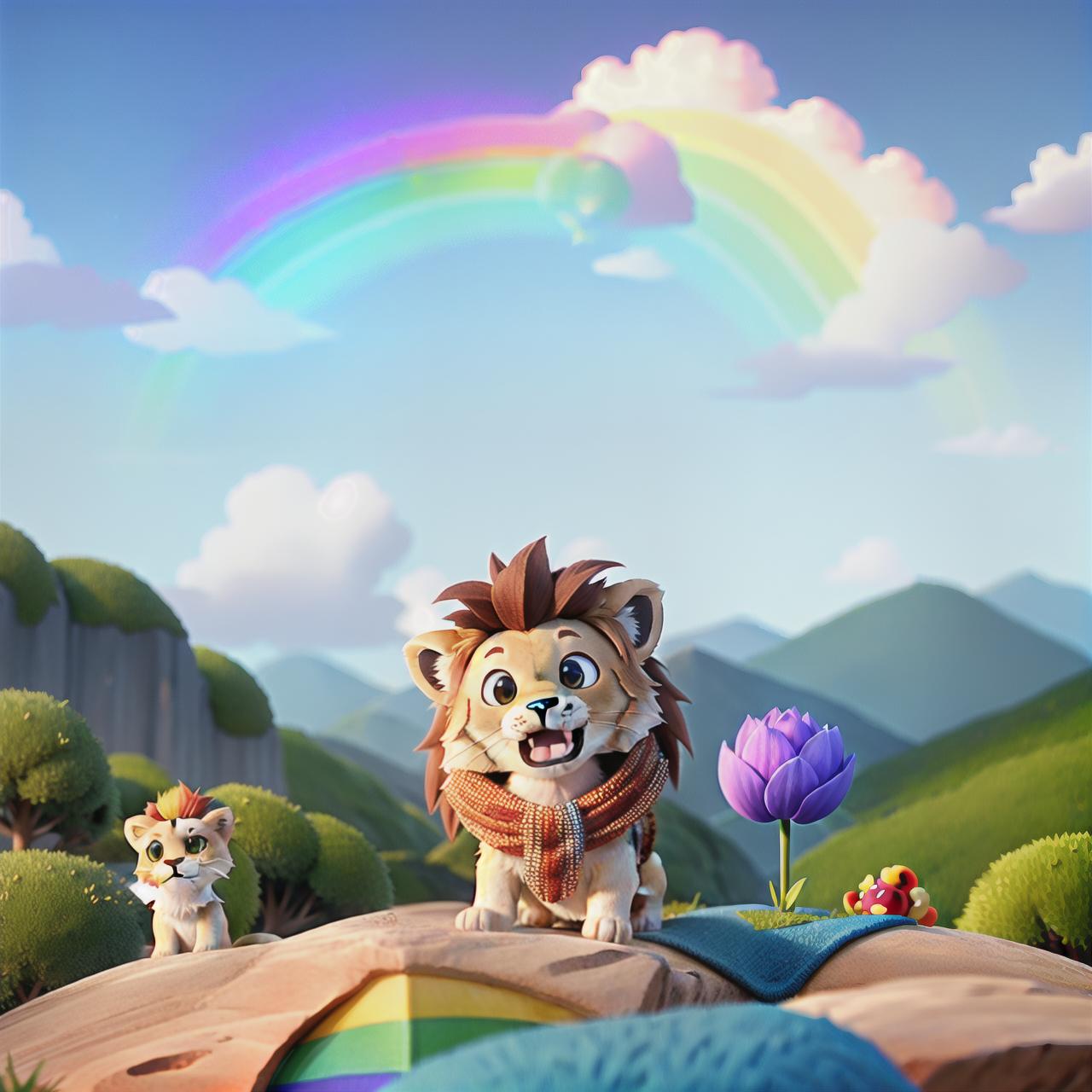  Masterpiece, best quality, little lion, smile, big eyes, valley, rainbow in the sky, musical notes