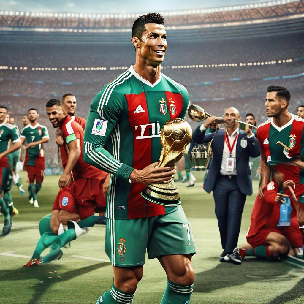  Cristiano Ronaldo con la copa del mundo hyperrealistic, full body, detailed clothing, highly detailed, cinematic lighting, stunningly beautiful, intricate, sharp focus, f/1. 8, 85mm, (centered image composition), (professionally color graded), ((bright soft diffused light)), volumetric fog, trending on instagram, trending on tumblr, HDR 4K, 8K