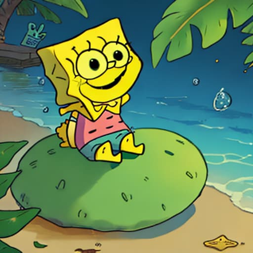  Cute happy Spongebob Squarepants  sitting on a leaf
