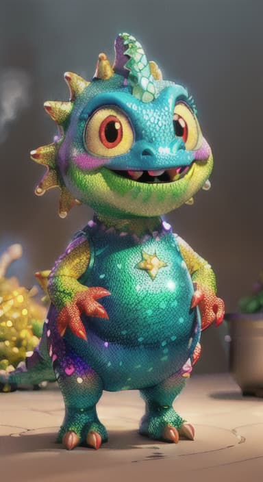  {A sparkly dinosaur with glittery scales standing next to a big pot of steaming jollof rice., Shiny Dino has glittery, multicolored scales that sparkle in the sunlight. It has big, friendly eyes and a happy, wide smile, with small arms perfect for stirring pots. Shiny Dino wears a playful, polka dotted apron and a tiny chef's hat.