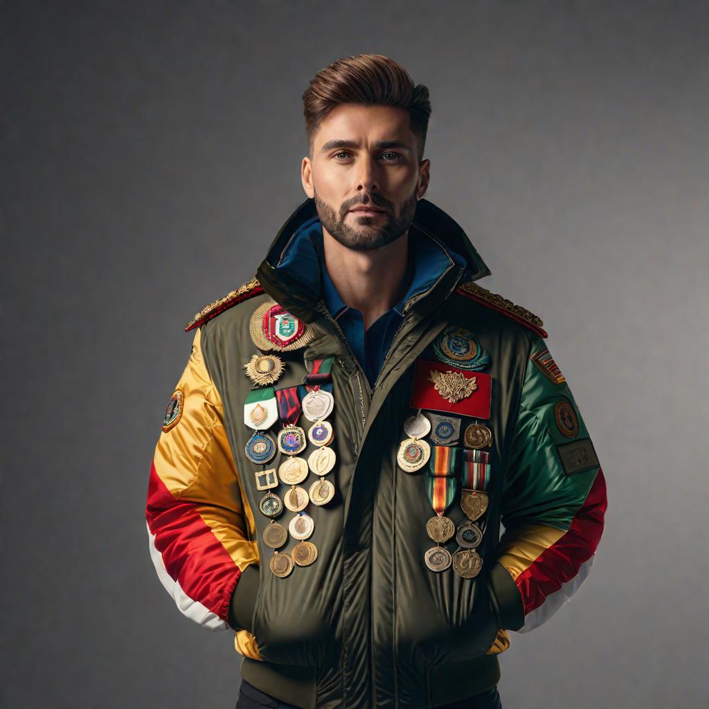  there is a man standing in a jacket, the whole jacket is hung with medals and awards, cute, hyper detail, full HD hyperrealistic, full body, detailed clothing, highly detailed, cinematic lighting, stunningly beautiful, intricate, sharp focus, f/1. 8, 85mm, (centered image composition), (professionally color graded), ((bright soft diffused light)), volumetric fog, trending on instagram, trending on tumblr, HDR 4K, 8K
