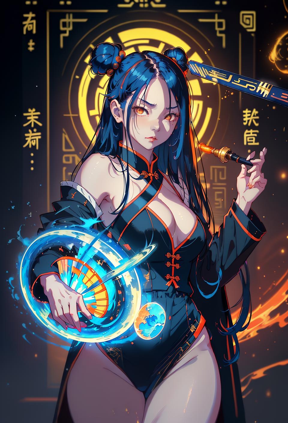  ((trending, highres, masterpiece, cinematic shot)), 1girl, young, female sorcerer outfit, techno scene, long straight dark blue hair, hair in Chinese buns, large orange eyes, vain, self-centered personality, smug expression, fair skin, chaotic, clever