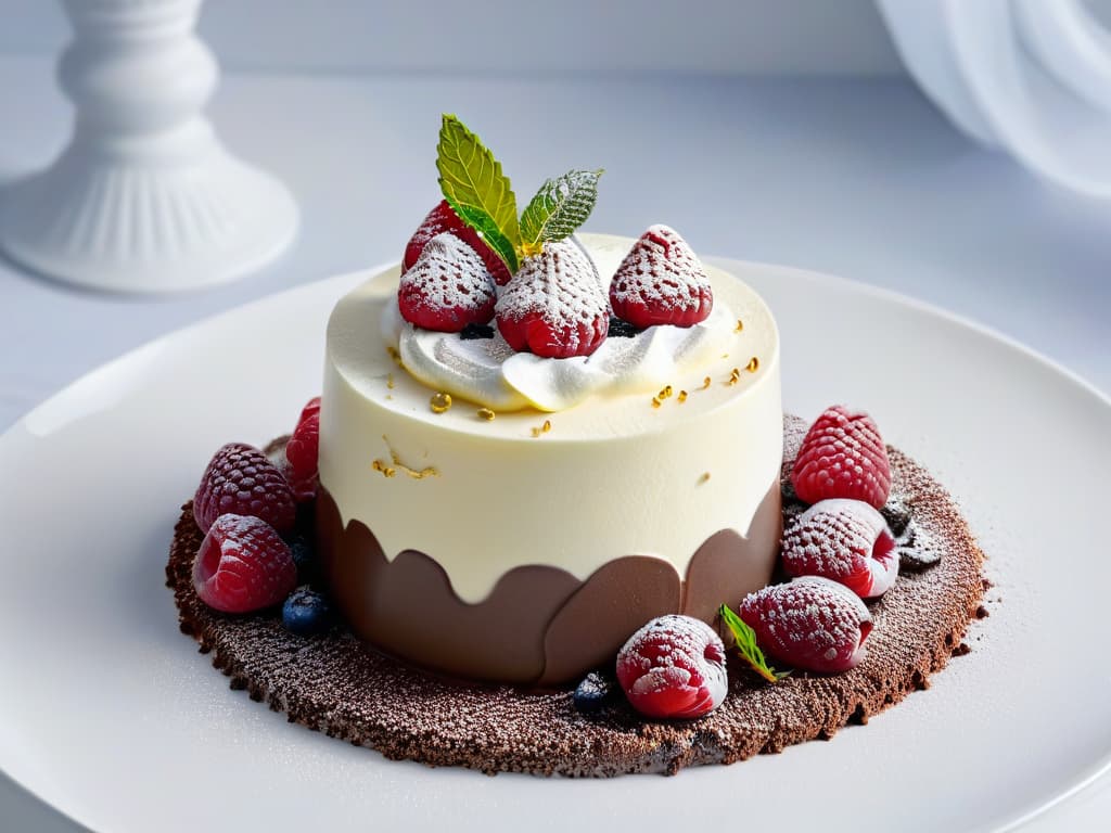  A closeup, ultradetailed image of a modern dessert plated elegantly on a sleek, white dish. The dessert features layers of rich chocolate mousse, delicate vanilla cream, and a glossy raspberry gel on top, garnished with edible gold flakes and a single fresh mint leaf. The textures of each component are expertly highlighted, showcasing a perfect balance of smoothness, creaminess, and juiciness. The lighting is soft, emphasizing the luxurious sheen of the dessert and creating a visually striking composition that embodies innovation in dessert textures. hyperrealistic, full body, detailed clothing, highly detailed, cinematic lighting, stunningly beautiful, intricate, sharp focus, f/1. 8, 85mm, (centered image composition), (professionally color graded), ((bright soft diffused light)), volumetric fog, trending on instagram, trending on tumblr, HDR 4K, 8K