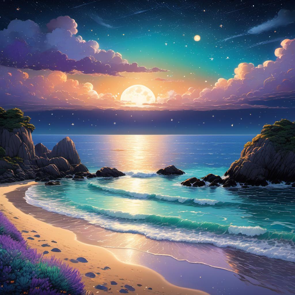  Rocky Beach, starry sky, starry sky, clouds, vivid, highly detailed, by Hayao Miyazaki, hand-drawn, Midnight, whimsical, (enchanting atmosphere:1.1), warm lighting , depth of field, Wacom Cintiq, Adobe Photoshop, 300 DPI, Lavender Shades, (teal and orange:0.3)