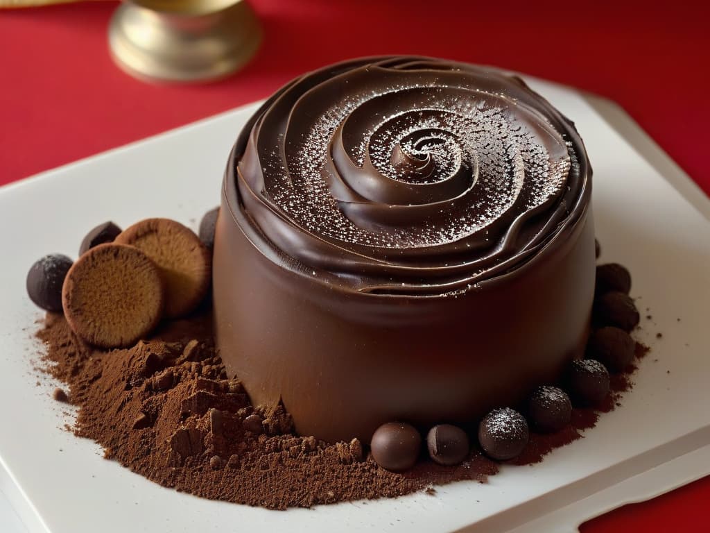  A closeup, ultradetailed image of a delicate truffleinfused chocolate truffle, showcasing a smooth, glossy surface with intricate swirls of dark chocolate, dusted with a fine layer of cocoa powder. The lighting highlights the luxurious sheen of the dessert, emphasizing the rich aroma and decadent flavors associated with using truffle oil in pastry making. hyperrealistic, full body, detailed clothing, highly detailed, cinematic lighting, stunningly beautiful, intricate, sharp focus, f/1. 8, 85mm, (centered image composition), (professionally color graded), ((bright soft diffused light)), volumetric fog, trending on instagram, trending on tumblr, HDR 4K, 8K