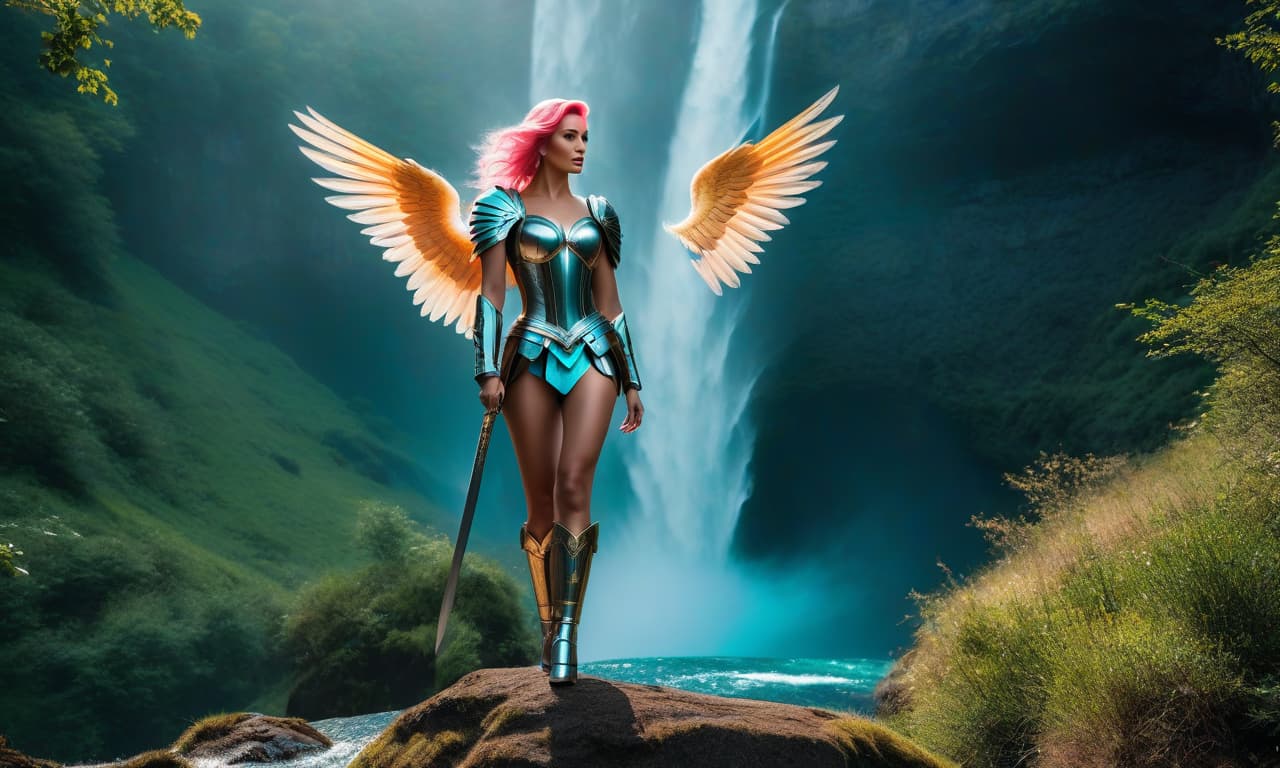  cinematic film still A very beautiful angel with two turquoise wings, in all the red and silver armor of the mid 15th century, as in the works of Konrad Witz, stands at the foot of the waterfall, leaning on a huge sword, the best quality, masterpiece, ultra high resolution, photorealistic, old with two turquoise wings stands tall, dressed in a slightly transparent fabric, full body, pink hair, a hyperrealistic full length photograph of a young, happy, sophisticated woman with modern visual effects and futuristic details extremely epic, a of the highest quality, detailed eyes, detailed lips, master cles, paints,, brown hair, id, big brown eyes, coy smile, thru the shoulder, (perfect s), photo, detailed, bre hyperrealistic, full body, detailed clothing, highly detailed, cinematic lighting, stunningly beautiful, intricate, sharp focus, f/1. 8, 85mm, (centered image composition), (professionally color graded), ((bright soft diffused light)), volumetric fog, trending on instagram, trending on tumblr, HDR 4K, 8K