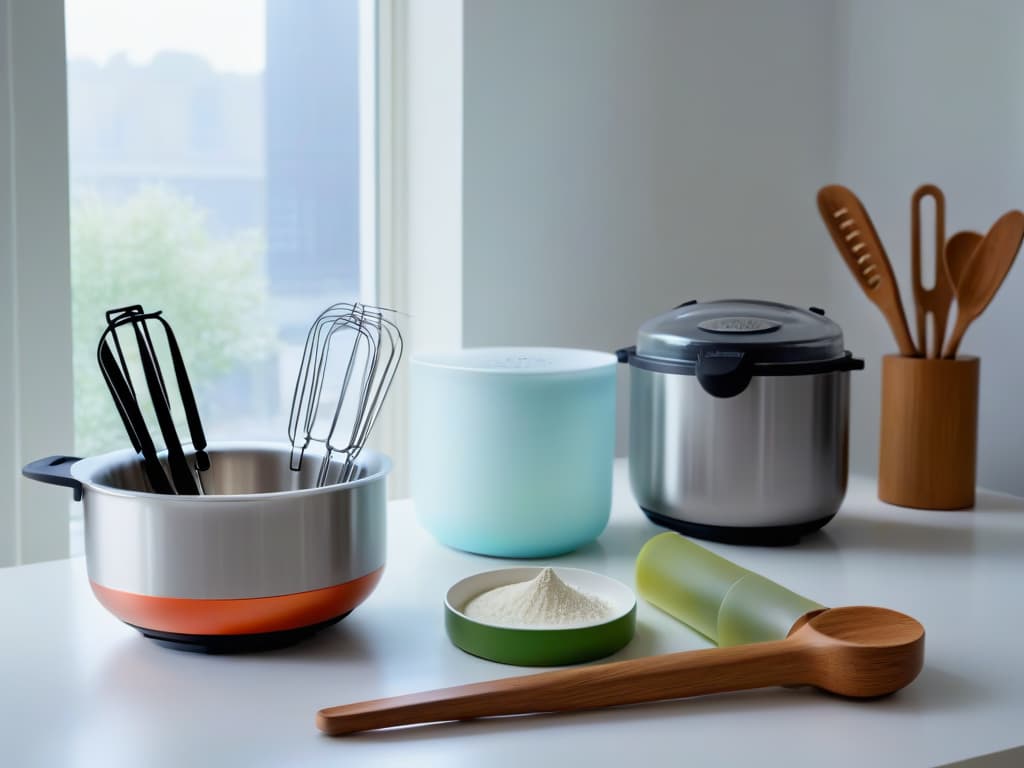  A highresolution, ultradetailed image of a sleek, modern kitchen countertop adorned with an array of premium electric whisks and mixing attachments neatly arranged next to a set of pastelhued mixing bowls. The soft, diffused natural light filtering through a nearby window casts gentle shadows, highlighting the elegant design and functionality of the kitchen gadgets. Each whisk gleams with a polished finish, showcasing their quality craftsmanship and precise engineering. The overall aesthetic is clean, sophisticated, and inviting, perfectly capturing the essence of professionalgrade baking tools for the aspiring home baker. hyperrealistic, full body, detailed clothing, highly detailed, cinematic lighting, stunningly beautiful, intricate, sharp focus, f/1. 8, 85mm, (centered image composition), (professionally color graded), ((bright soft diffused light)), volumetric fog, trending on instagram, trending on tumblr, HDR 4K, 8K