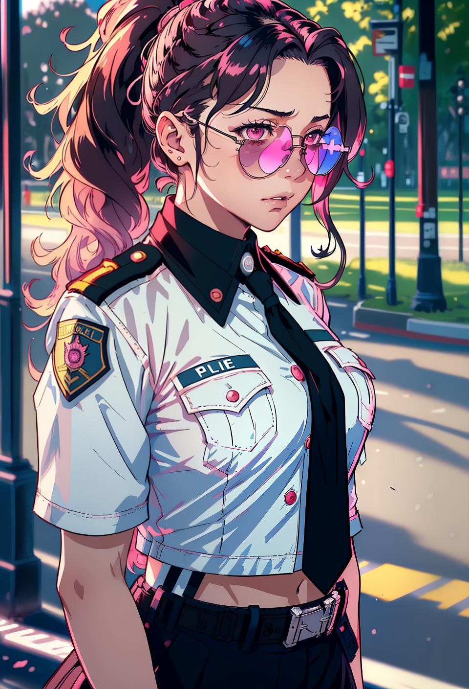  ((trending, highres, masterpiece, cinematic shot)), 1girl, young, female police uniform, park scene, long curly brown hair, long ponytail, narrow pink eyes, high class, elegant personality, smug expression, sunglasses, fair skin, morbid, limber