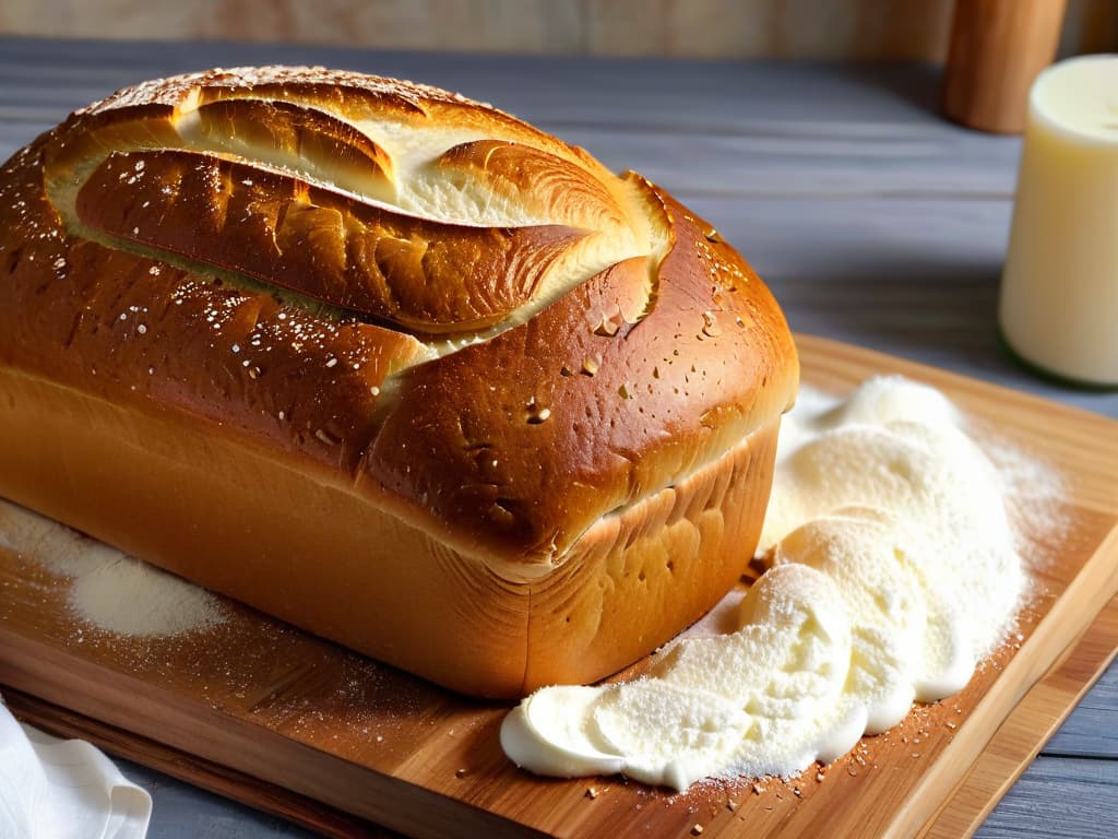  A minimalistic yet striking image of a perfectly risen, goldenbrown loaf of freshly baked bread, sprinkled with a dusting of flour, resting on a rustic wooden cutting board. The bread has a beautifully crackled crust, emitting steam from its warm interior, inviting viewers with its wholesome and comforting appearance. The background is softly blurred, focusing all attention on the enticing texture and color of the bread, making it a visually captivating and mouthwatering image that embodies the essence of quality yeast in baking. hyperrealistic, full body, detailed clothing, highly detailed, cinematic lighting, stunningly beautiful, intricate, sharp focus, f/1. 8, 85mm, (centered image composition), (professionally color graded), ((bright soft diffused light)), volumetric fog, trending on instagram, trending on tumblr, HDR 4K, 8K