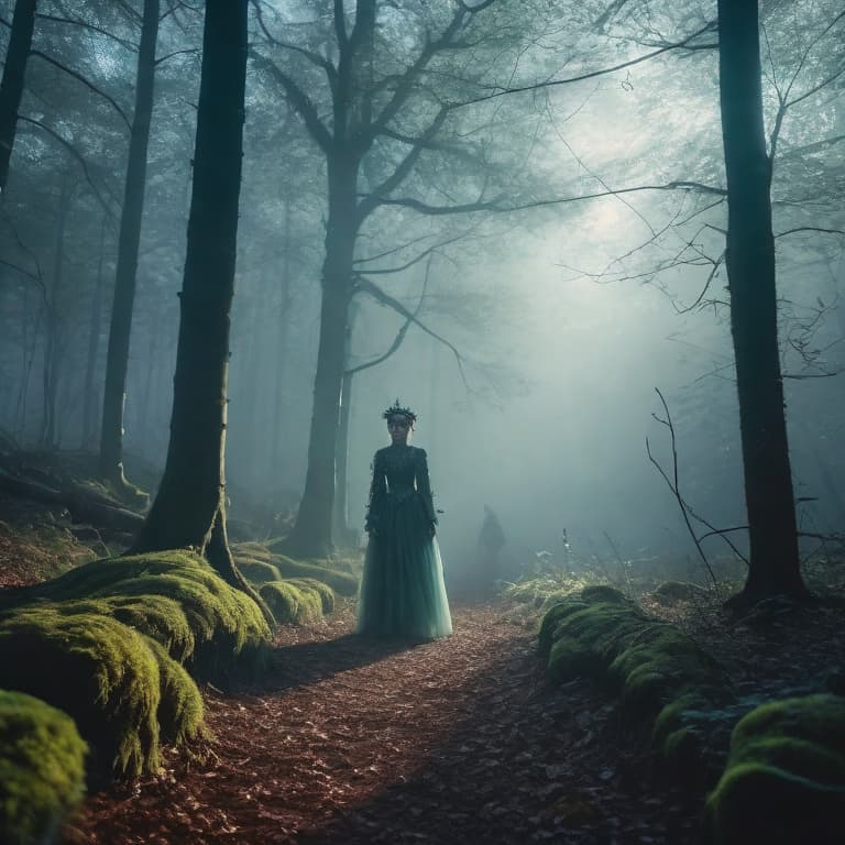  Haunted forest with eerie glowing creatures hyperrealistic, full body, detailed clothing, highly detailed, cinematic lighting, stunningly beautiful, intricate, sharp focus, f/1. 8, 85mm, (centered image composition), (professionally color graded), ((bright soft diffused light)), volumetric fog, trending on instagram, trending on tumblr, HDR 4K, 8K