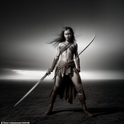  Warrior girl, getting ready to attack with sword in hand, standing hunched over., adventurous , wild , captivating , by David Yarrow, Nick Brandt, Art Wolfe, Paul Nicklen, Joel Sartore