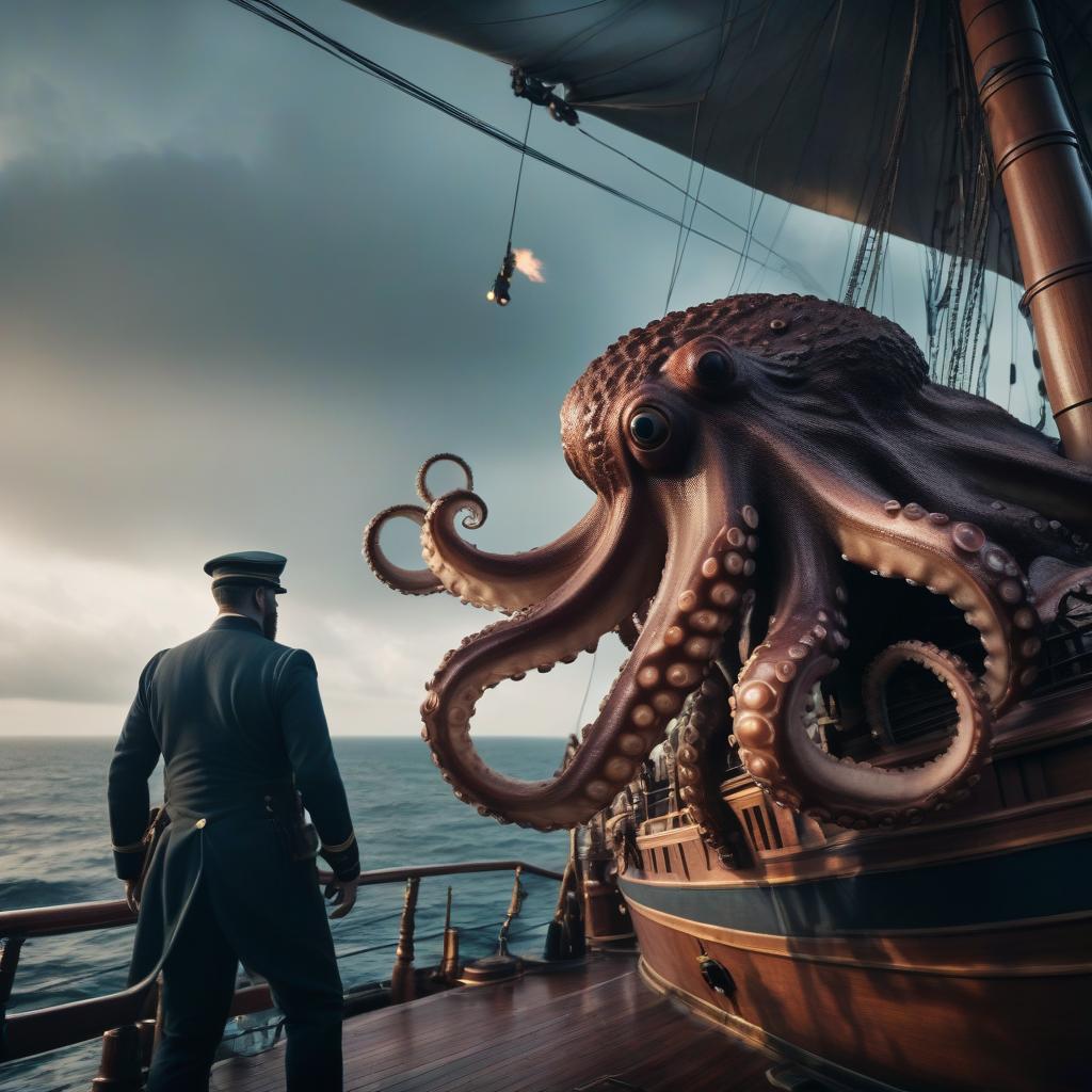  cinematic film still A large and fearsome octopus attacking a ship on the high seas. . shallow depth of field, vignette, highly detailed, high budget, bokeh, cinemascope, moody, epic, gorgeous, film grain, grainy hyperrealistic, full body, detailed clothing, highly detailed, cinematic lighting, stunningly beautiful, intricate, sharp focus, f/1. 8, 85mm, (centered image composition), (professionally color graded), ((bright soft diffused light)), volumetric fog, trending on instagram, trending on tumblr, HDR 4K, 8K