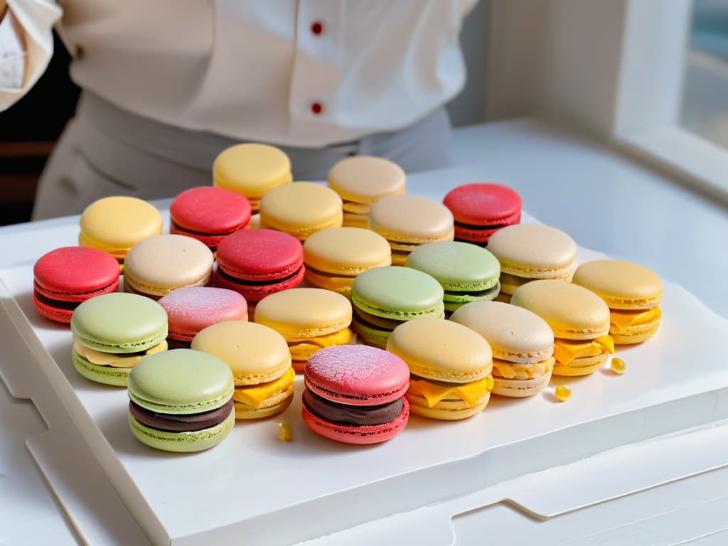  An ultradetailed closeup image of a French pastry chef delicately piping vibrant pastelcolored macaron batter onto a baking tray lined with parchment paper. The chef's hands, adorned with intricate tattoos, expertly maneuver the piping bag, creating perfectly uniform rounds of batter. The soft natural light filtering through a nearby window highlights the smooth glossy surface of the macarons, showcasing their flawless texture and delicate feet. Each macaron is elegantly placed, forming a visually stunning pattern that exudes precision and artistry. hyperrealistic, full body, detailed clothing, highly detailed, cinematic lighting, stunningly beautiful, intricate, sharp focus, f/1. 8, 85mm, (centered image composition), (professionally color graded), ((bright soft diffused light)), volumetric fog, trending on instagram, trending on tumblr, HDR 4K, 8K