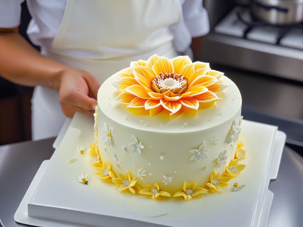  A closeup, ultradetailed image of a delicate sugar flower being meticulously crafted by a pastry chef's skilled hands, showcasing intricate details like individual petals being delicately shaped and textured, with a background of a sleek, modern kitchen filled with hightech augmented reality baking tools subtly integrated into the scene. hyperrealistic, full body, detailed clothing, highly detailed, cinematic lighting, stunningly beautiful, intricate, sharp focus, f/1. 8, 85mm, (centered image composition), (professionally color graded), ((bright soft diffused light)), volumetric fog, trending on instagram, trending on tumblr, HDR 4K, 8K